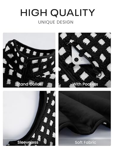 PUWEI Women's Checkered Sherpa Vest Sleeveless Zip Up Fleece Top Crochet Plaid Sherpa Collared Vest with Pocket2