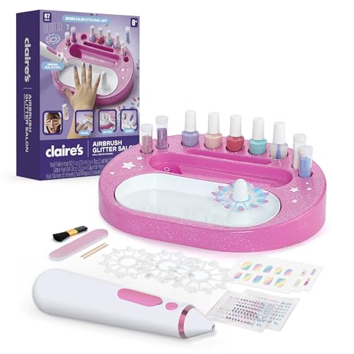 Claire's Kids Nail Art Kit, 67-Piece Airbrush Glitter Salon Nail Charms & Accessories Set, Polish, Press-On Nails, Stickers, Wraps, Girl Toys & Beauty Activity, Manicure Fashion Gift for Girls Age 8+