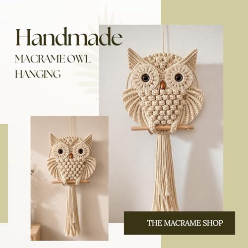 Image of tms Bohemian Owl Macrame Wall Hanging, Handcrafted Boho Chic Accent, Yellow Light, 30.5 x 58.4 cm, for Home, Office, or Living Room