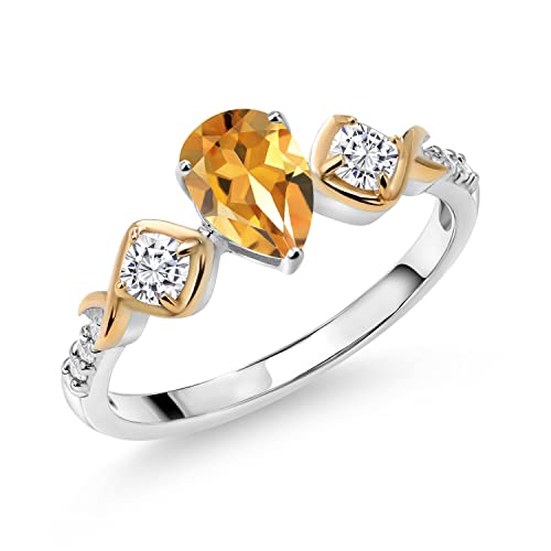 Gem Stone King 1.15 Cttw Yellow Citrine White Moissanite and Lab Grown Diamond Engagement Ring for Women | 925 Silver and 10K Yellow Gold | 7X5MM Pear Shape | Available In Size 5, 6, 7, 8, 9