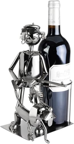 BRUBAKER Weinflaschenhalter Jäger mit Jagdhund - Flaschenhalter aus Metall - Jagd Geschenk Metallfigur mit Hund - Weingeschenk Flaschenständer mit Geschenkkarte - Farbe: Silber