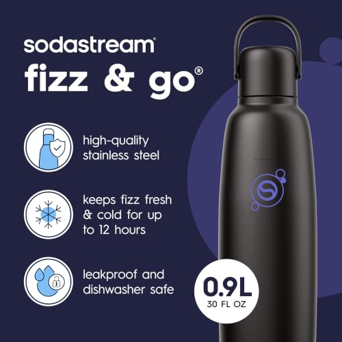 Image of sodastream Fizz & Go Cool, Stainless Steel Carbonated Water Bottle 0.9L, Insulated Metal Bottle for Sparkling Water, Compatible with TERRA, ART, ENSO & More in Black