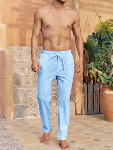 Image of PASLTER Mens Cotton Linen Pants Casual Summer Beach Pants Dress Trousers