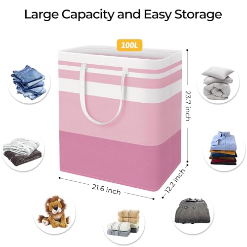 HomeHacks 2 Pack Large Laundry Baskets, Waterproof, Freestanding Laundry Hampers, Collapsible Clothes Hamper with Reinforced Handles in Laundry, College Dorm, Bathroom, Bedroom (Blue+Pink, 100Lx2)