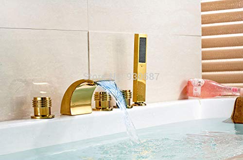 Bathroom Fixtures Bath & Shower Systems New Gold-Plate LED Bathroom Tub Faucet Three Handles Mixer Tap with Handshower