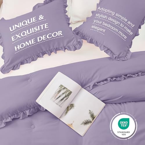 Image of HARBOREST Twin Comforter Set Lavender - Ruffle Comforter for Twin Size Bed, Fluffy Twin Size Comforter Set for All Seasons, 2 Pieces Shabby Chic Bedding Comforter Sets(1 Comforter & 1 Pillow Sham)