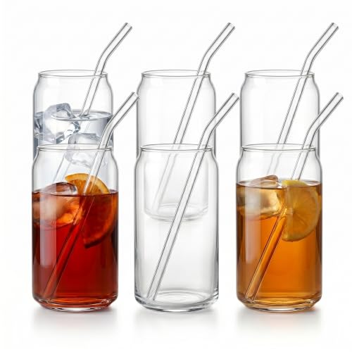 gouveo Lot de 6 verres à cocktail - 500 ml - Avec couvercle et paille - En verre transparent - En forme de canette - Avec paille en verre et couvercle en bambou (TGR500DT)