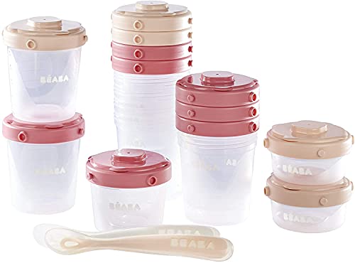 BÉABA, Lot de 12 Portions Conservation et 2 Cuillères Silicone, Clip, Pots empilables et clipsables, 100% hermétique, Graduation, Congélation, 2x60 ml & 4x120 ml & 6x200ml, Rose