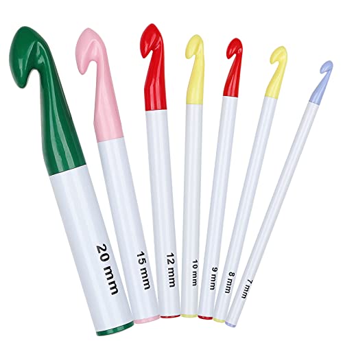 Grand lot de 7 crochets à crochet en plastique léger, 7 mm à 20 mm, grands crochets colorés pour enfants, professionnels, crochets ergonomiques pour tapis, pulls, écharpes, kit de crochet DIY Cover