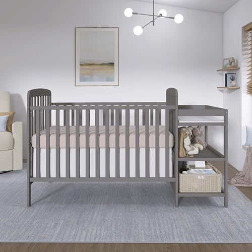 Dream On Me Anna 3-in-1 Convertible Full-Size Baby Crib & Changer with Storage in Steel Grey, GreenGuard Gold & JPMA, Pinewood, Converts to Day & Toddler Bed, 3 Mattress Heights, 1″ Changing Pad