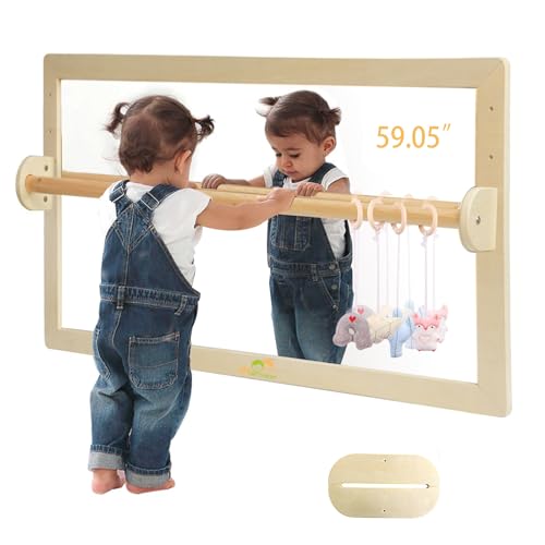 Image of JHNIFTYNEST Infant Coordination Mirror Montessori Safety Pull up Bar Baby MirrorAcrylic Non-Glass Early Learning to Walk Mirror Upgrade Dual-Use with Base for Lengthened Version Hanging Toys 59.05”