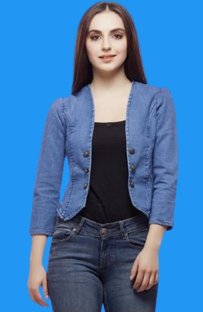 Image of Wingzss Women's Denim Jacket, Blue, Button Front, 3 /4 Sleeves, Casual Blazer Style (in, Alpha, XL)