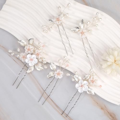 Blumen Perlen Haarschmuck Hochzeit Haarnadeln Silber U-förmig Haarnadeln für Braut Brautjungfer Damen Mädchen 5 Stücke
