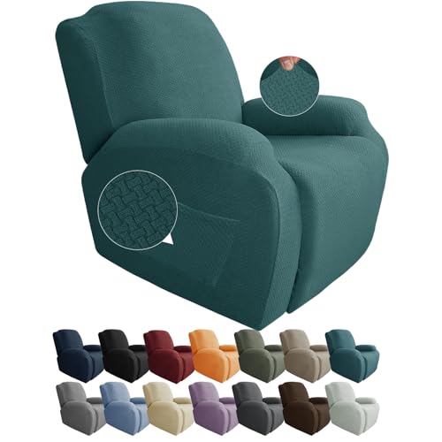 JIVINER Oversized Recliner Chair Covers 4 Piece Stretch Lazy Boy Recliner Sofa Slipcover Jacquard Large Recliner Covers with Elastic Bottom Soft Furniture Protector (XL Recliner,Peacock Blue)