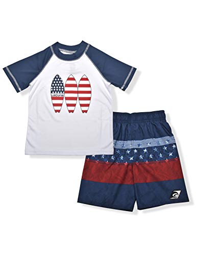 LAGUNA Boys UPF 50+ Swim Set with USA Surf Short Sleeve Rashguard Sun Shirt and American Flag Striped Boardshorts,7