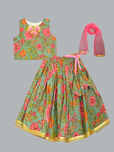 Image of A.T.U.N. (ALL THINGS UBER NICE) Girls Cotton Ethnic Floral Lehenga Choli Set with Lace & Dupatta | Traditional 3-Piece Festive Outfit for Kids