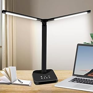 Lampe de bureau LED à double tête – Lampe de bureau à bras oscillant – Alimentation USB – 5 niveaux d’intensité et 5 couleurs – Pour maison, bureau, chambre à coucher