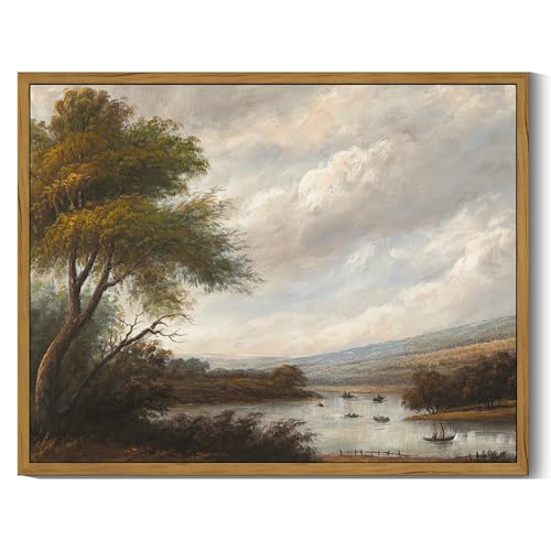 SHENIFY Vintage Landscape Framed Wall Art Riverside Scenery Farmhouse Decor Retro Boat Travel Painting for Kitchen Living Room Bedroom Bathroom - 11x14in Natural Framed