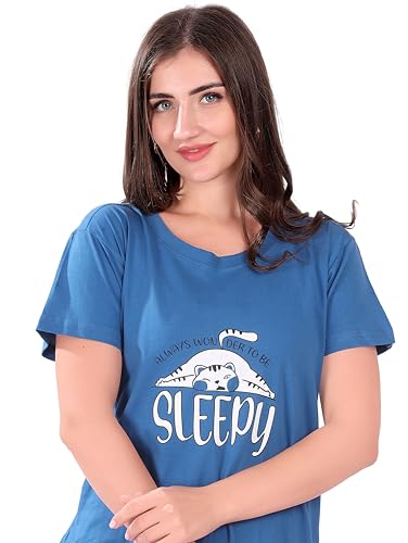 Image of Printed Knee Length Pocket Night Dresses for Women | Cat Lover | Premium Soft Cotton Nighty | Blue and Maroon