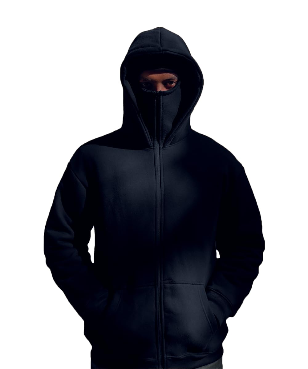 drobe Plain Cotton Hooded Neck with Mask Stylish Balaclava Black Zipper Hoodie-picture-38