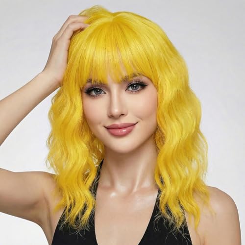 Image of Pastel Yellow Wavy Bob Wig for Women, Short Shoulder Length Synthetic Wig with Bangs, Matte Natural Realistic Look Lightweight Hairpiece, Yellow Color for Daily Wear & Cosplay Costume