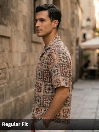 Image of GRECIILOOKS Men`s Shirt | Mens Casual Crochet Knitted | Half Sleeve Printed Crochet with Cuban Collar Shirt`s | Relaxed fit Textured & Stylish Premium Mens Shirt