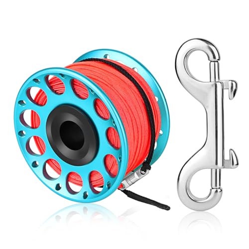 Scuba Diving Reel, Large Spinning Spool Finger Reel with Double-Ended Bolt Snap Clip with 30m/100ft High Visibility Line Aluminum Dive Reel for Wreck Cave Diving Spearfishing Fishing (Blue Reel)