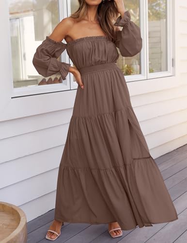 ZESICA Women's 2025 Boho Sexy Off Shoulder Long Sleeve Smocked High Waist Side Split Flowy A Line Tiered Long Maxi Dress - Image 4