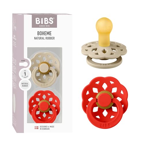 Image of BIBS Boheme Pacifier, 0-6 Months, 2-Pack, Round Nipple, Vanilla /Candy Apple | Round Natural Rubber Nipple | Size 1 | BPA-Free | Made in Denmark | High Nipple Acceptance | Airflow Holes | Comfort Shield