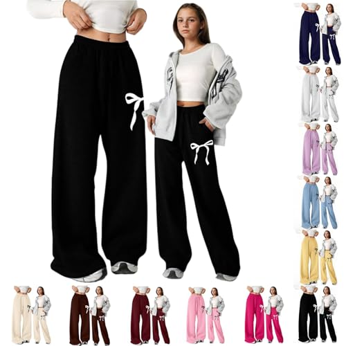 Girls Bowknot Baggy Sweatpants Trendy Oversized Wide Straight Leg Elastic High Waist Drawstring Athletic Joggers with Pockets