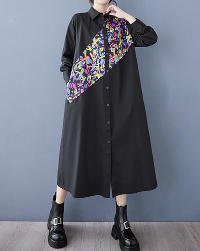 Image of ellazhu Womens Fall Casual Patchwork Funky Long Sleeve Designer Dress Loose Blouse GY2787 A