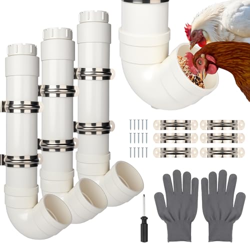 Homar 3pc Automatic PVC Chicken Feeder - No Waste, 6lb Large Capacity Heavy Duty Rat Proof PVC Pipe Tube Chicken Feeder for Coop Poultry Long Feeding