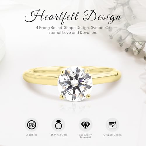 14K White and Yellow Gold Lab Grown Diamond Solitaire Engagement Ring for Women, 4 Prong Rings for Wedding and Valentine Gift 0.25 to 2 Carat TW (F-G Color, VVS-VS Clarity)2
