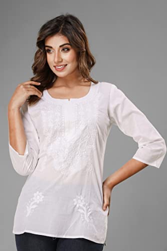 Image of Lucknowi Chikan Embroidered Short Casual White Kurti for Women