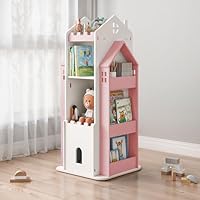 BTGGG NEW 3 Tier Rotating Bookshelf Children's Bookcase Bookshelves with Storage Space, Castle 360° Kids Bookshelf and Shelving Units Revolving Bookcase for Living Room Study Playroom, Pink