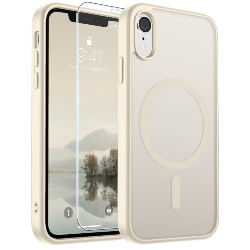 Image of SUPFINE Magnetic for iPhone XR Phone Case Antique White | With Screen Protector, Translucent Matte, Compatible with MagSafe, Military Grade Drop Proof, Rugged Shockproof Protective
