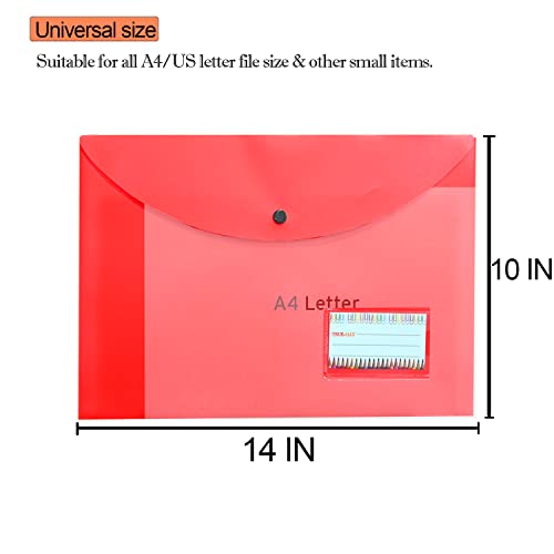Image of True-Ally 5 pcs Bright Color Envelope Folder, Poly-Plastic A4 Documents File Storage Bag with Snap Button Certificate File Holder Document Folder for Certificates (Red)