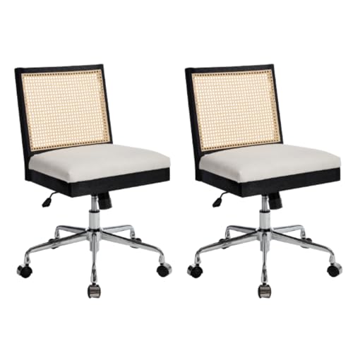 CIMOTA Rattan Home Office Chairs Set of 2, Modern Armless Swivel Desk Chairs with Adjustable Height & Wheels, Upholstered Computer Task Chairs for Study Bedroom Living Room, Black Finish
