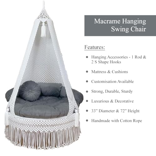 Image of KAAHIRA Bohemian Macrame Hanging Swing Chair- Aesthetic Cotton Rope Hammock for Indoor & Outdoor - Patio, Balcony, Bedroom, Living Room, Garden-Kids, Adults & Pets - Boho Decor (White with Grey)