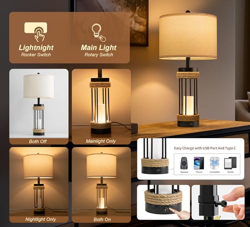 Image of OYEARS 25 inch Table Lamps Set of 2 with Night Light, Rustic Bedside Lamps with USB C+A Charging Ports, Black Metal Lamp with Rope Accent and Frosted Glass, Farmhouse Lamps for Living Room Bedroom