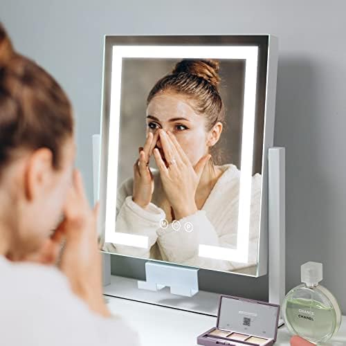 Kottova Makeup Mirror with Lights,Vanity Mirror Lighted up Mirror with Phone Holder,3 Color Modes,Touch Control, Detachable 10X Magnification Mirror, Metal Frame,White