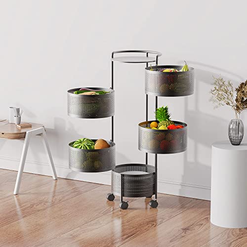 Jaq Rotating Fruit Basket, 5-Tier Metal Sturdy Kitchen Storage Rack Shelf Carts No Assembly On Rolling Wheels For Fruit Vegetable Grocery Corns Potato Onion (5-Tier , Black) #TOP4