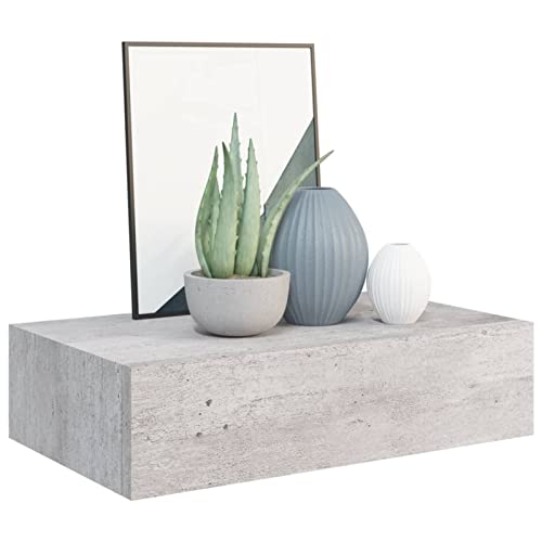 Festnjght Estante de Pared de Madera MDF, Estantería Flotante con Cajone, Mesita de Noche Suspendidas,Acabado de Alto Brillo, Capacidad hasta 15 kg, 40x23,5x10 cm, para Entrada, Salón, Gris hormigón Cover