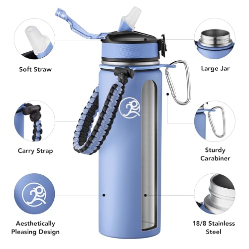 Image of GOSWAG 24oz Insulated Stainless Steel Travel Water Bottle, 2 Lids | with straw and no straw, Paracord handle, Double-wall vacuum keeps drinks cold or hot, Leakproof tumbler