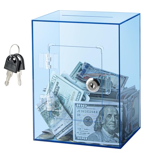 Hicocool Blue Clear Acrylic Piggy Bank with Lock & Key, Reusable Money Box