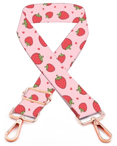 Image of Purse Straps Rose Gold Buckles Wide Shoulder Strap,Fashion Adjustable Replacement Belt for Crossbody Canvas Bag Handbag(cute strawberry)