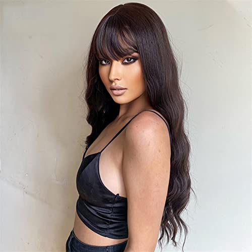 Perruque femme synthétique longue noir et brun ondulée avec frange 32 pouces - 6