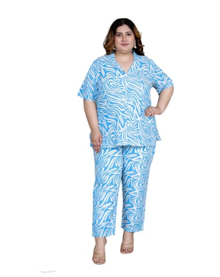 Image of Printed Shirt Style Cotton Night Suit for Women with Extra Plus Size