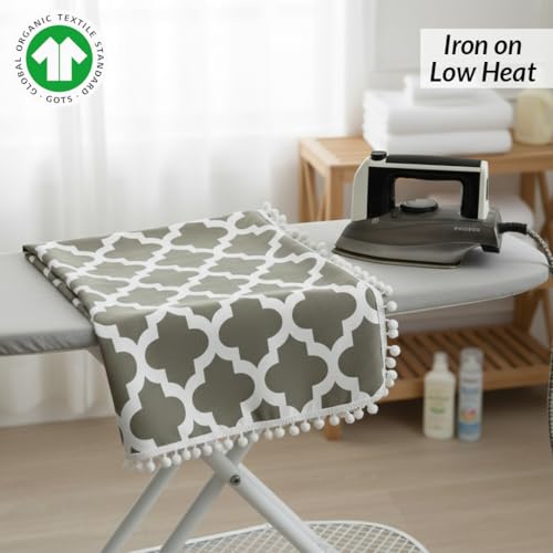 Image of HOMEMONDE Cotton Premium Dining Round Table Cover with White Border Pom-Pom, 45 x 45 Inches Geometric Printed Table Cloth 4 Seater, Round Table Cover - (114x114 CM, Grey)