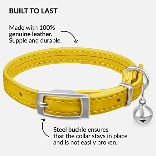Image of CollarDirect Leather Cat Collar, Animal Collar with Elastic Safety Strap and Bell for Boy, Girl, Kitten (Neck Fit 6 inch-7 inch, Yellow)